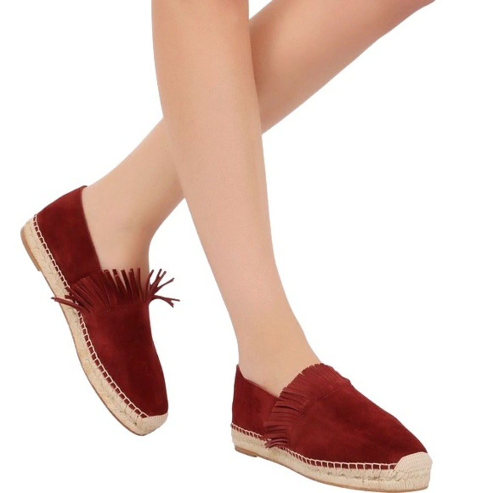 Chloé Suede Espadrilles Flats With Fringe Trim Accent In Claret Maroon Size 37